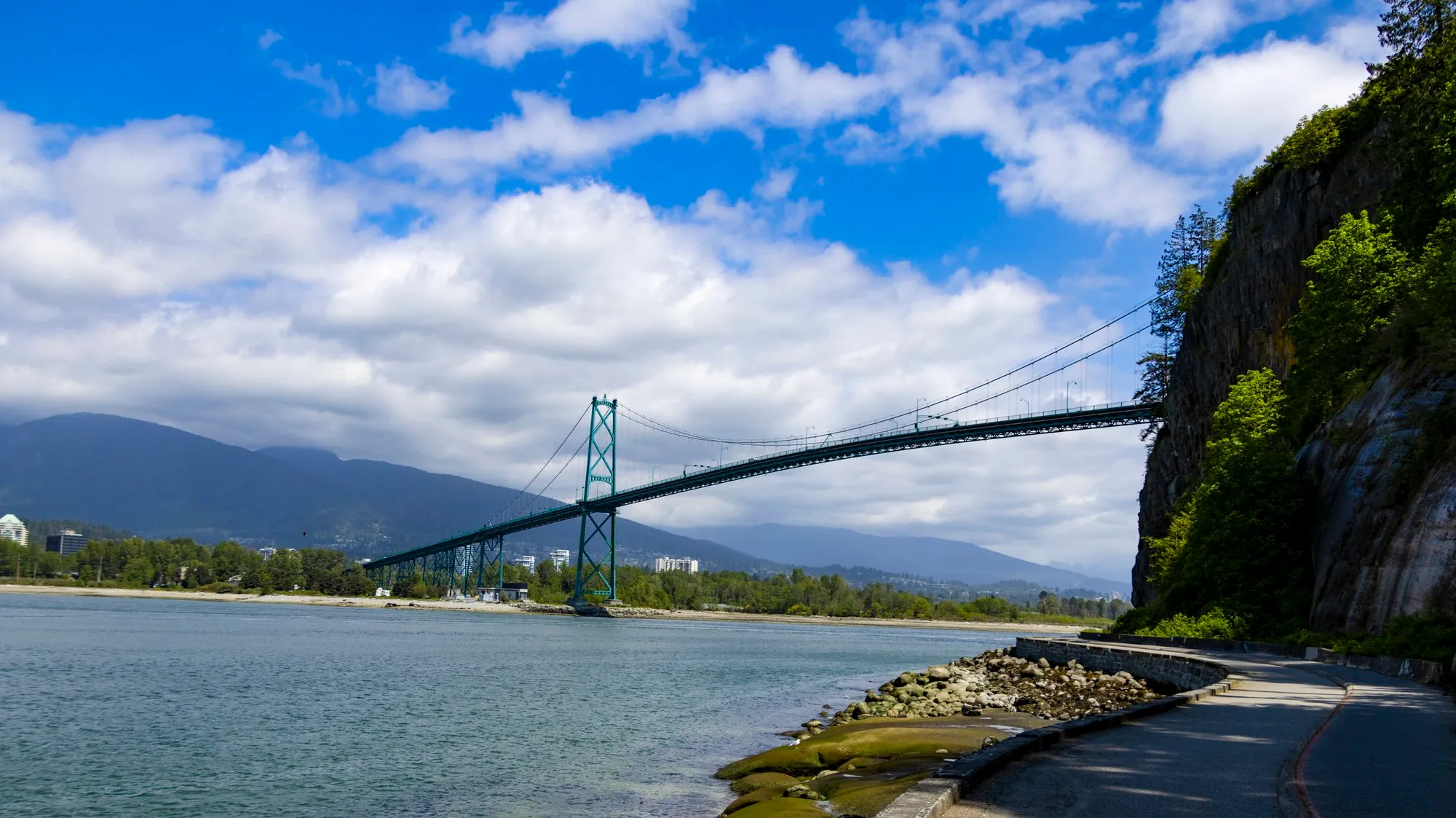 The seawall path under the cliff at Prospect Point, the bridge beyond