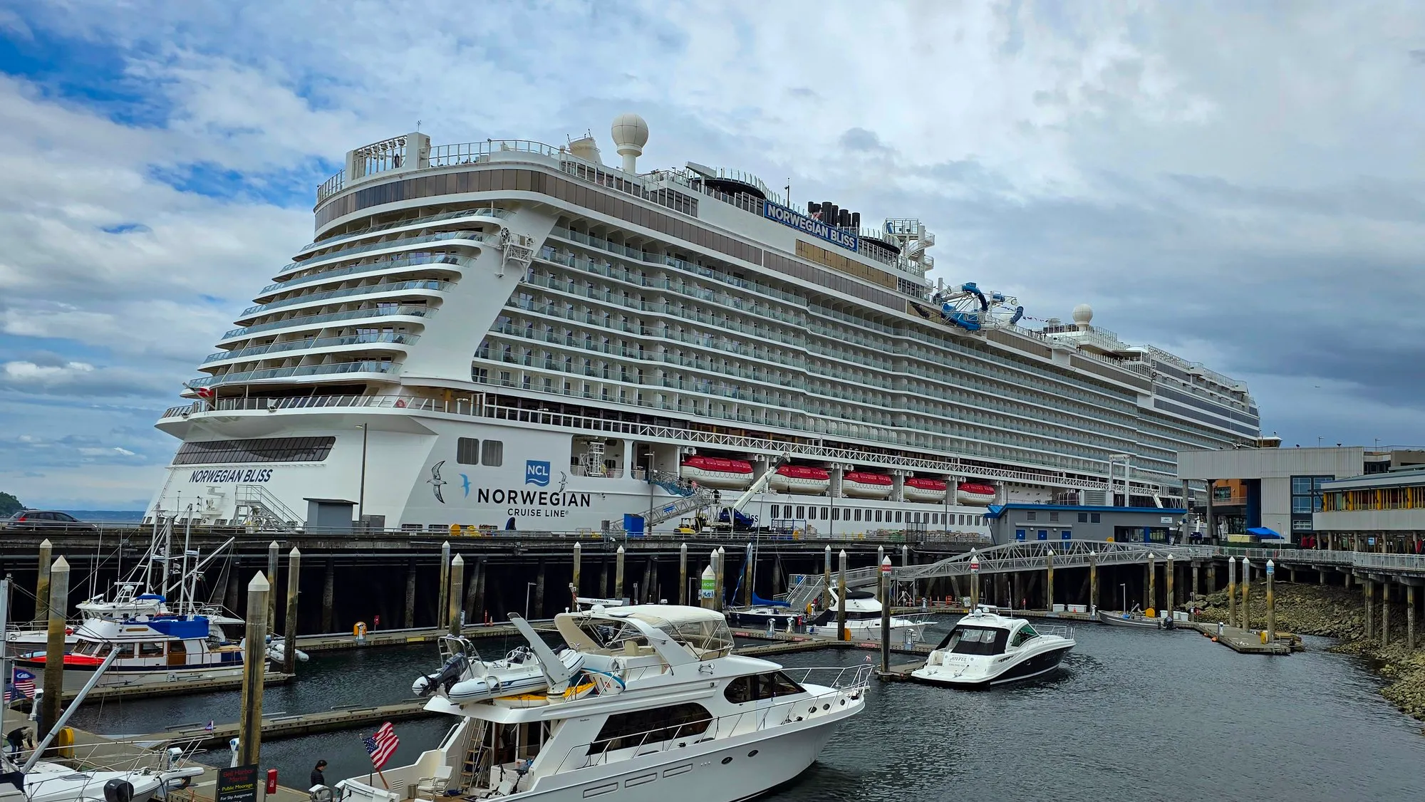 Norwegian Bliss at Pier 66 in Seattle, seen from the marina
