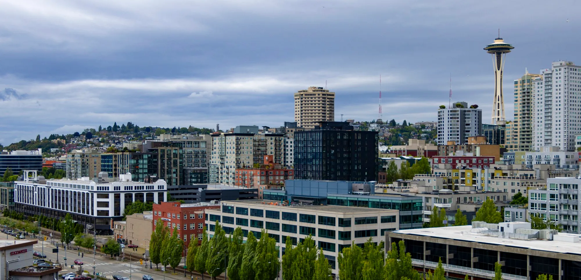 Seattle rooftops from the top deck before sailing, the Space Needle on the skyline