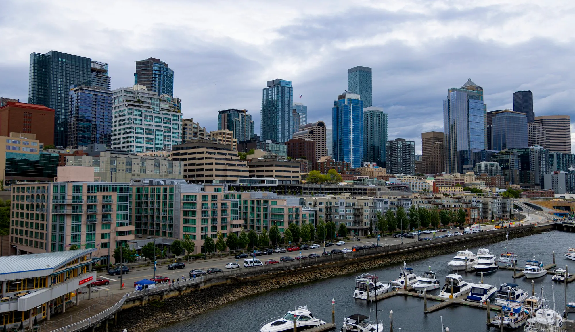 Downtown Seattle and the marina from the ship at Pier 66 before departure