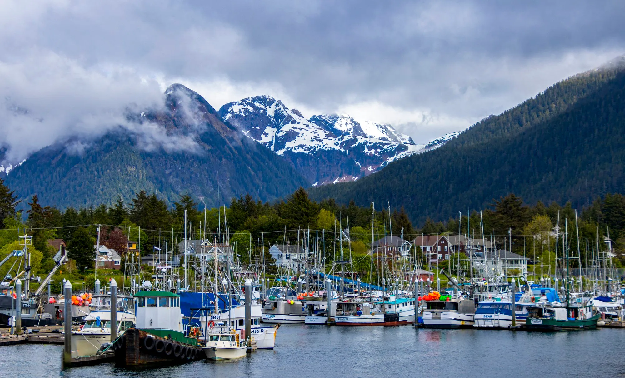 The boat harbor in Sitka with snow on the mountains behind it