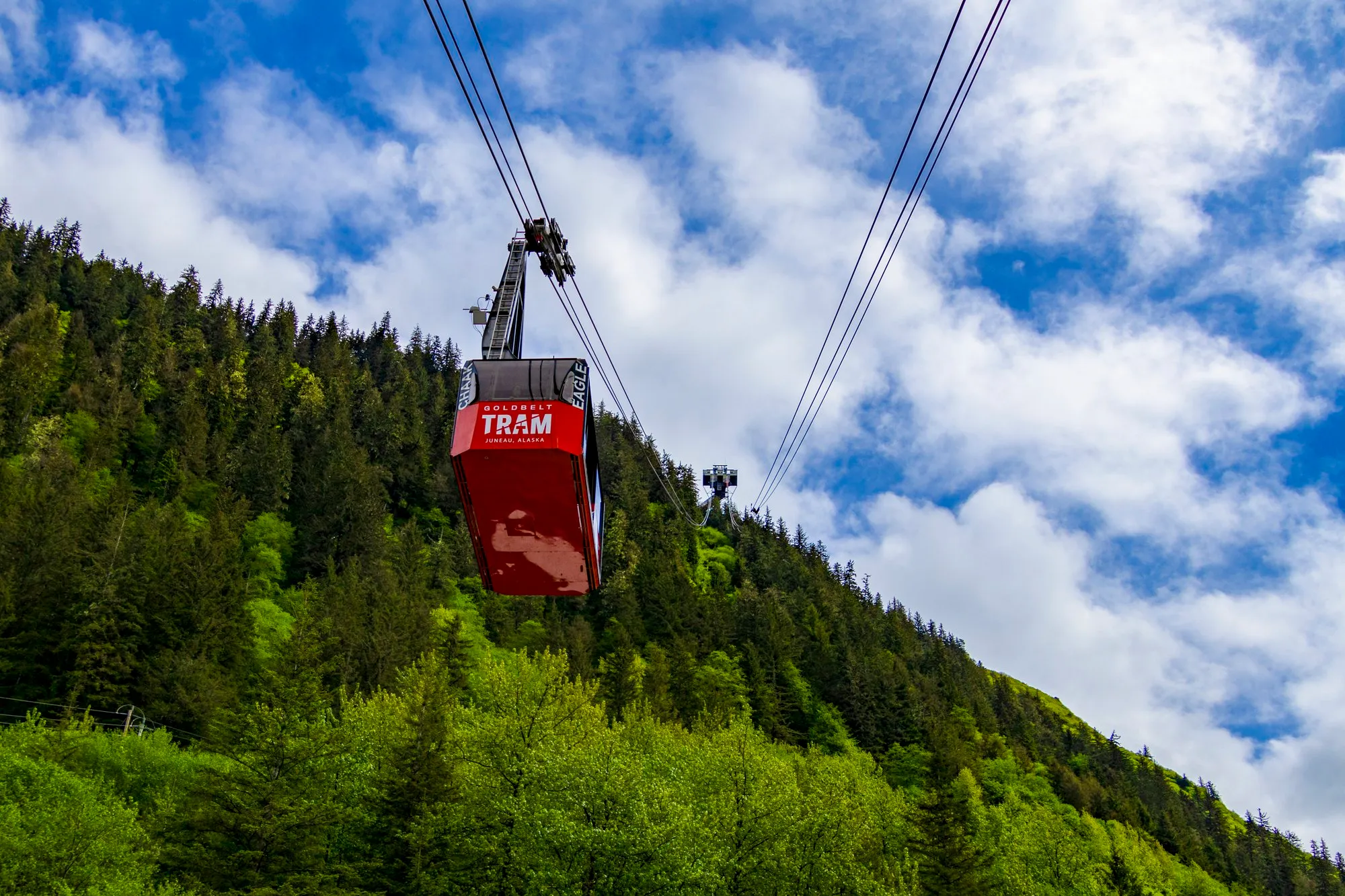 The Goldbelt tram climbing Mount Roberts above downtown Juneau