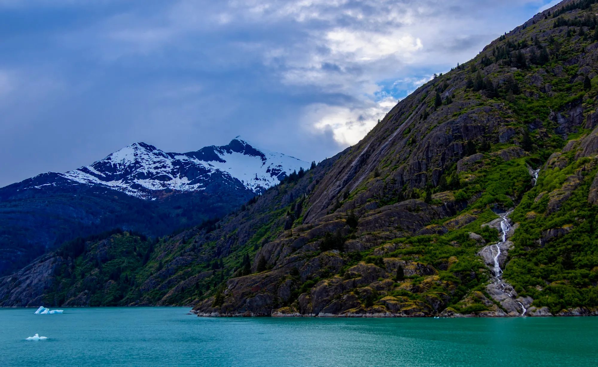 A waterfall and a drifting piece of ice in Endicott Arm