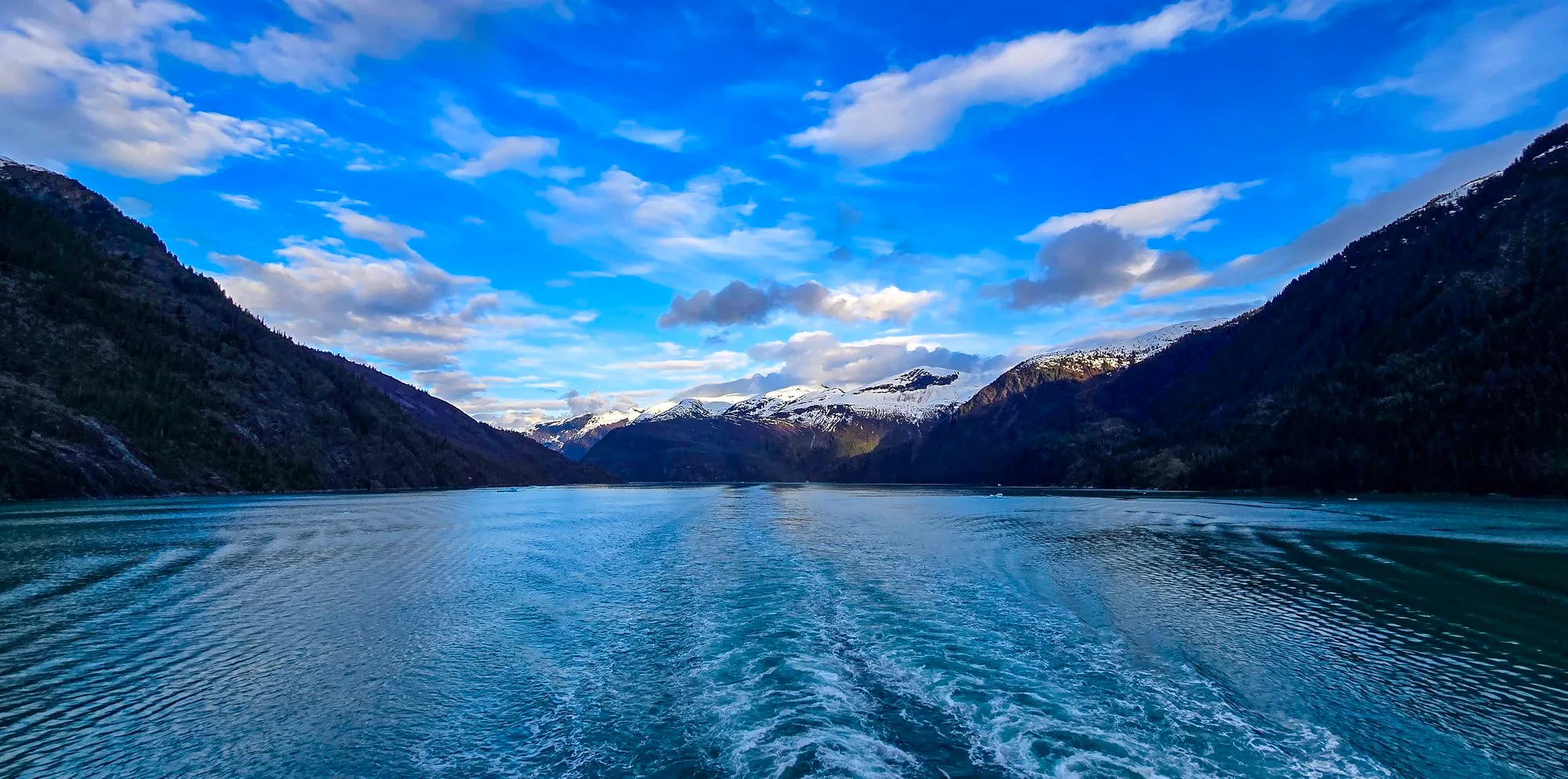 The wake churning as the ship leaves Dawes Glacier, the fjord walls in evening light