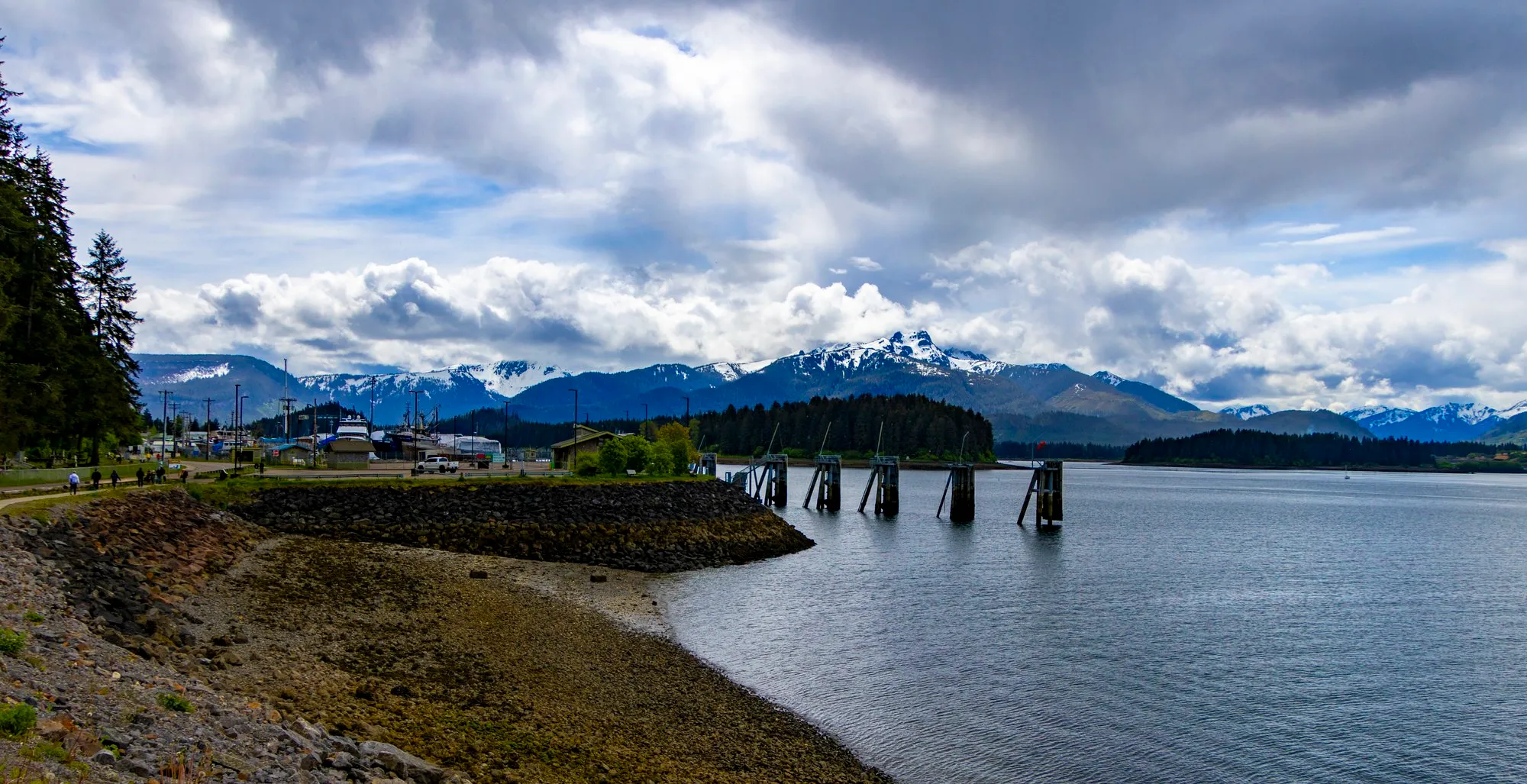 The shoreline at Hoonah with old pilings at the edge of the village