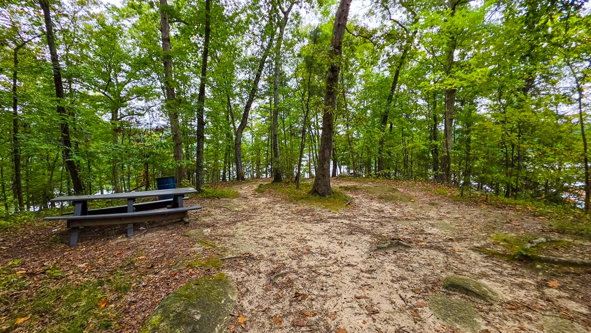 A picnic table on bare sandy ground under the trees near the island's high point