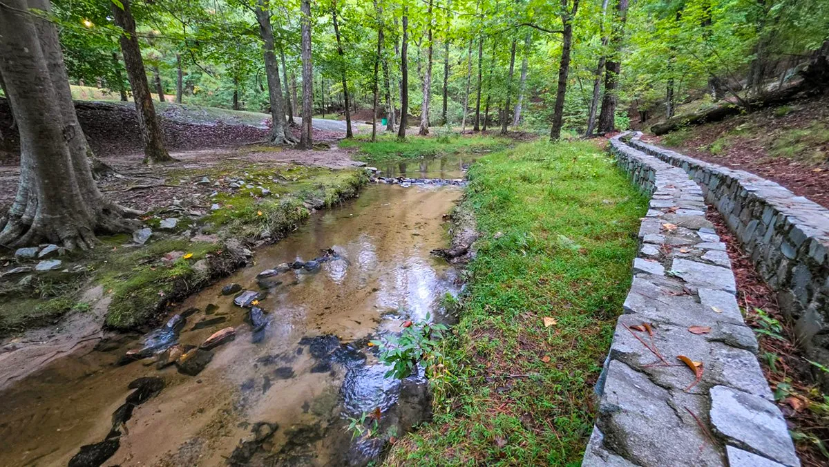 A shallow clear stream over sand and stones under tall trees, a grassy bank and a stone wall running beside it on the right
