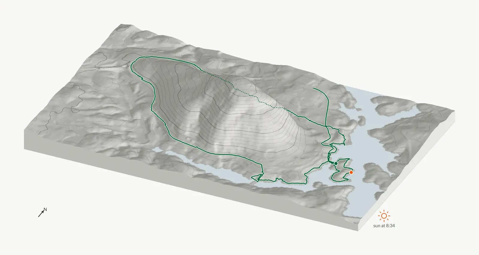 The route of February 15, 2025 on Cherokee Trail, Stone Mountain drawn on a relief model of the terrain, seen from the south-southeast and lit from the east-southeast
