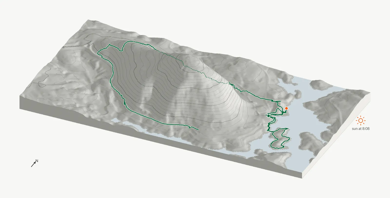 The route of May 3, 2025 on Cherokee Trail, Stone Mountain drawn on a relief model of the terrain, seen from the south-southeast and lit from the east