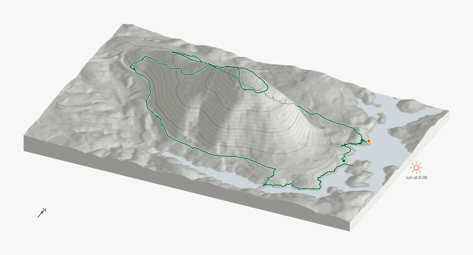 The route of August 29, 2025 on Cherokee Trail, Stone Mountain drawn on a relief model of the terrain, seen from the south-southeast and lit from the east