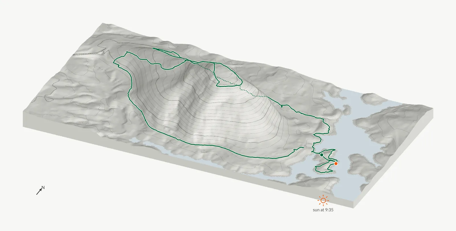 The route of February 14, 2026 on Cherokee Trail, Stone Mountain drawn on a relief model of the terrain, seen from the south-southeast and lit from the southeast