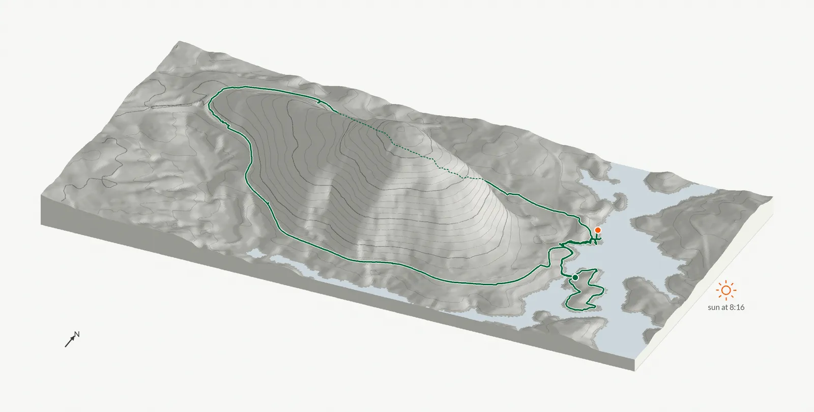 The route of September 13, 2026 on Cherokee Trail, Stone Mountain drawn on a relief model of the terrain, seen from the south-southeast and lit from the east