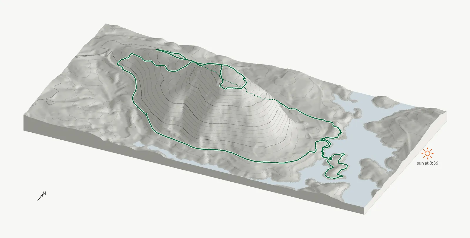 The route of April 26, 2026 on Cherokee Trail, Stone Mountain drawn on a relief model of the terrain, seen from the south-southeast and lit from the east