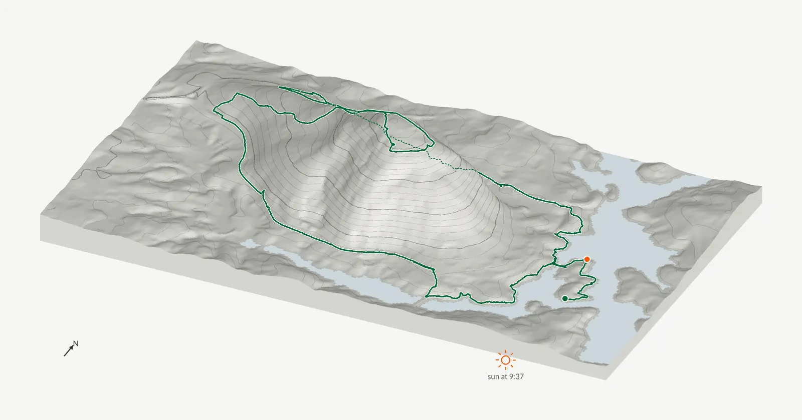 The route of January 1, 2025 on Cherokee Trail, Stone Mountain drawn on a relief model of the terrain, seen from the south-southeast and lit from the southeast