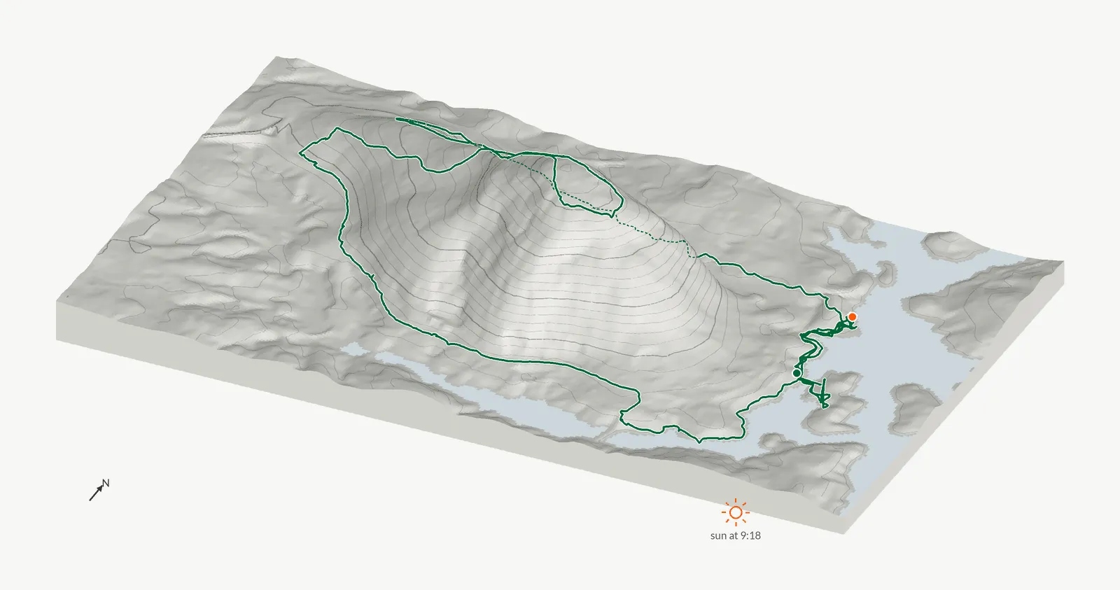 The route of November 16, 2025 on Cherokee Trail, Stone Mountain drawn on a relief model of the terrain, seen from the south-southeast and lit from the southeast
