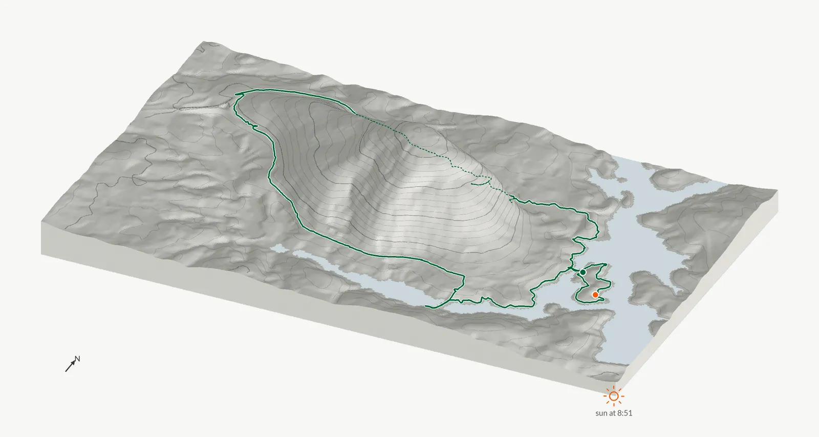 The route of January 17, 2026 on Cherokee Trail, Stone Mountain drawn on a relief model of the terrain, seen from the south-southeast and lit from the southeast
