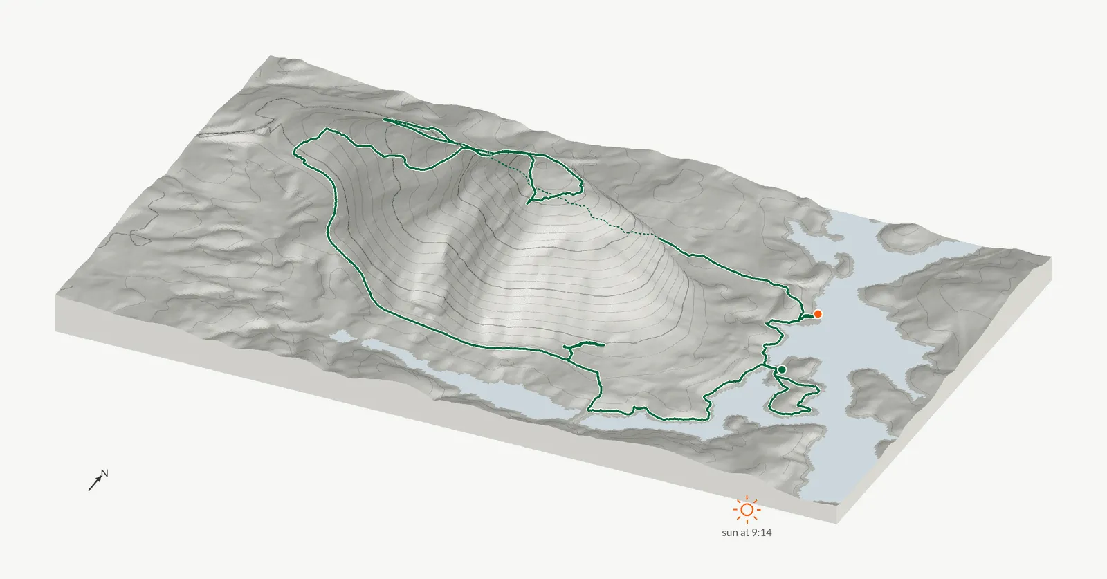 The route of January 5, 2025 on Cherokee Trail, Stone Mountain drawn on a relief model of the terrain, seen from the south-southeast and lit from the southeast