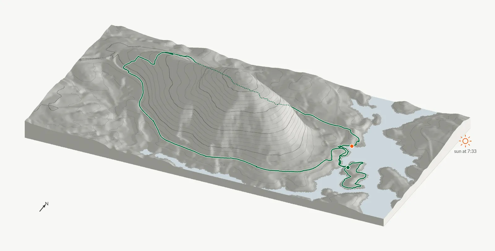 The route of August 1, 2026 on Cherokee Trail, Stone Mountain drawn on a relief model of the terrain, seen from the south-southeast and lit from the east-northeast