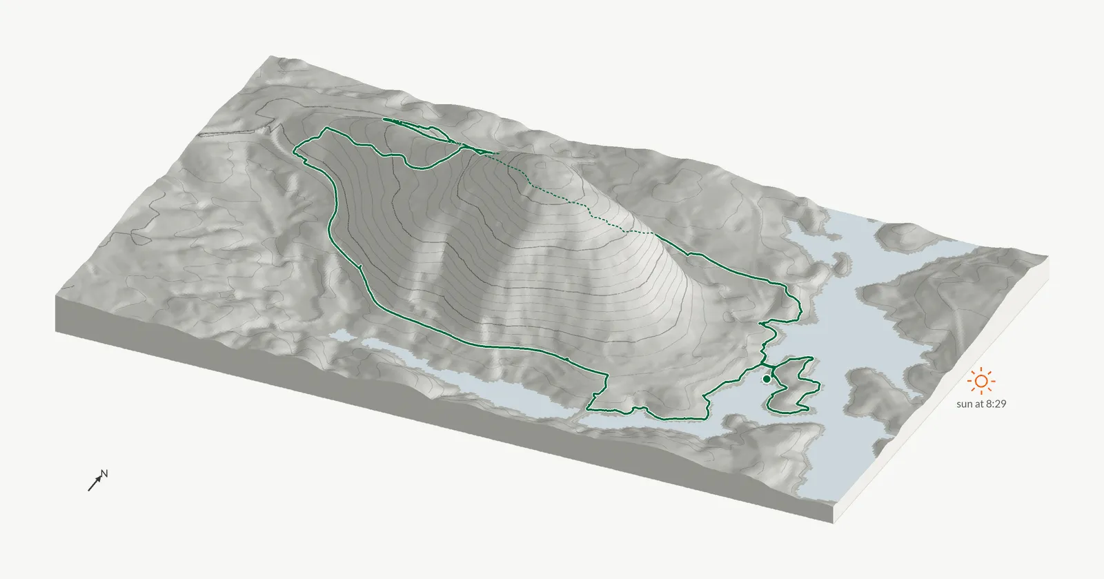 The route of August 29, 2026 on Cherokee Trail, Stone Mountain drawn on a relief model of the terrain, seen from the south-southeast and lit from the east