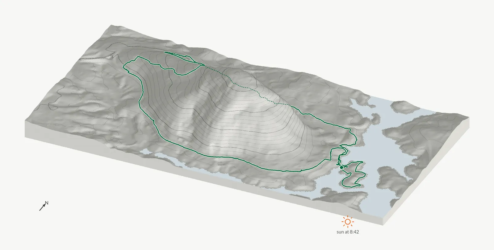 The route of December 28, 2025 on Cherokee Trail, Stone Mountain drawn on a relief model of the terrain, seen from the south-southeast and lit from the southeast