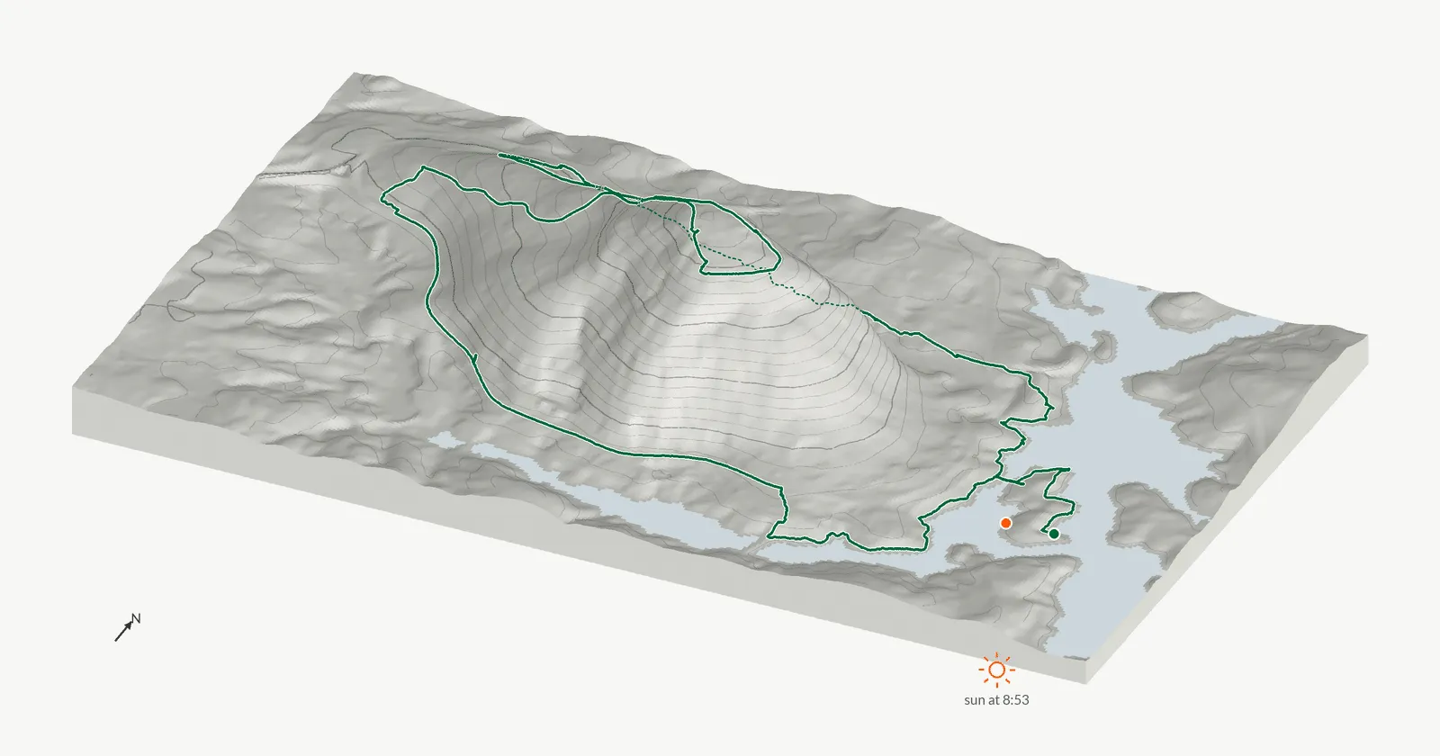 The route of November 23, 2024 on Cherokee Trail, Stone Mountain drawn on a relief model of the terrain, seen from the south-southeast and lit from the southeast