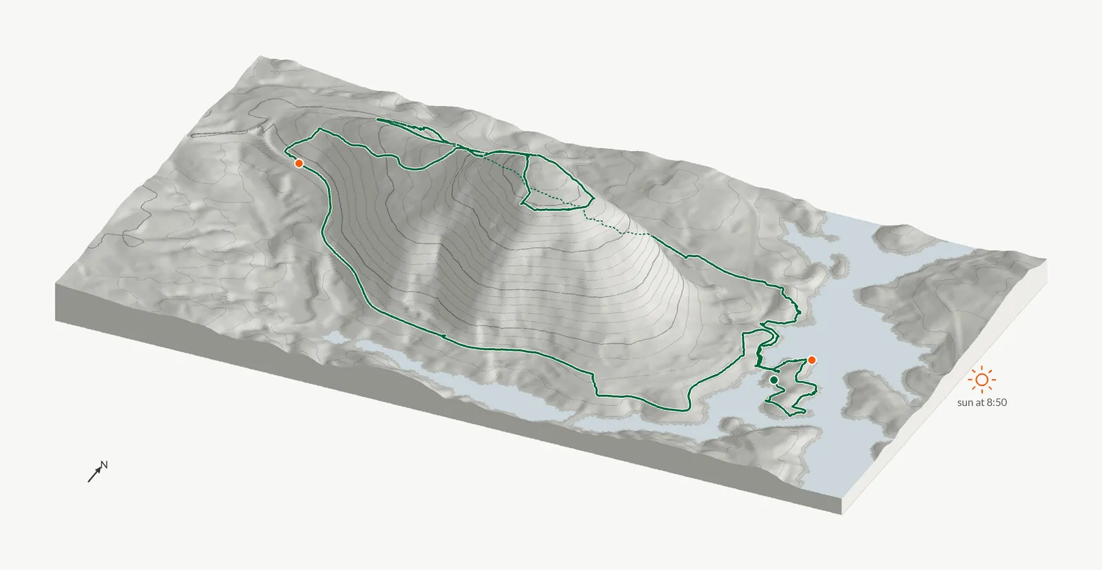The route of August 24, 2024 on Cherokee Trail, Stone Mountain drawn on a relief model of the terrain, seen from the south-southeast and lit from the east