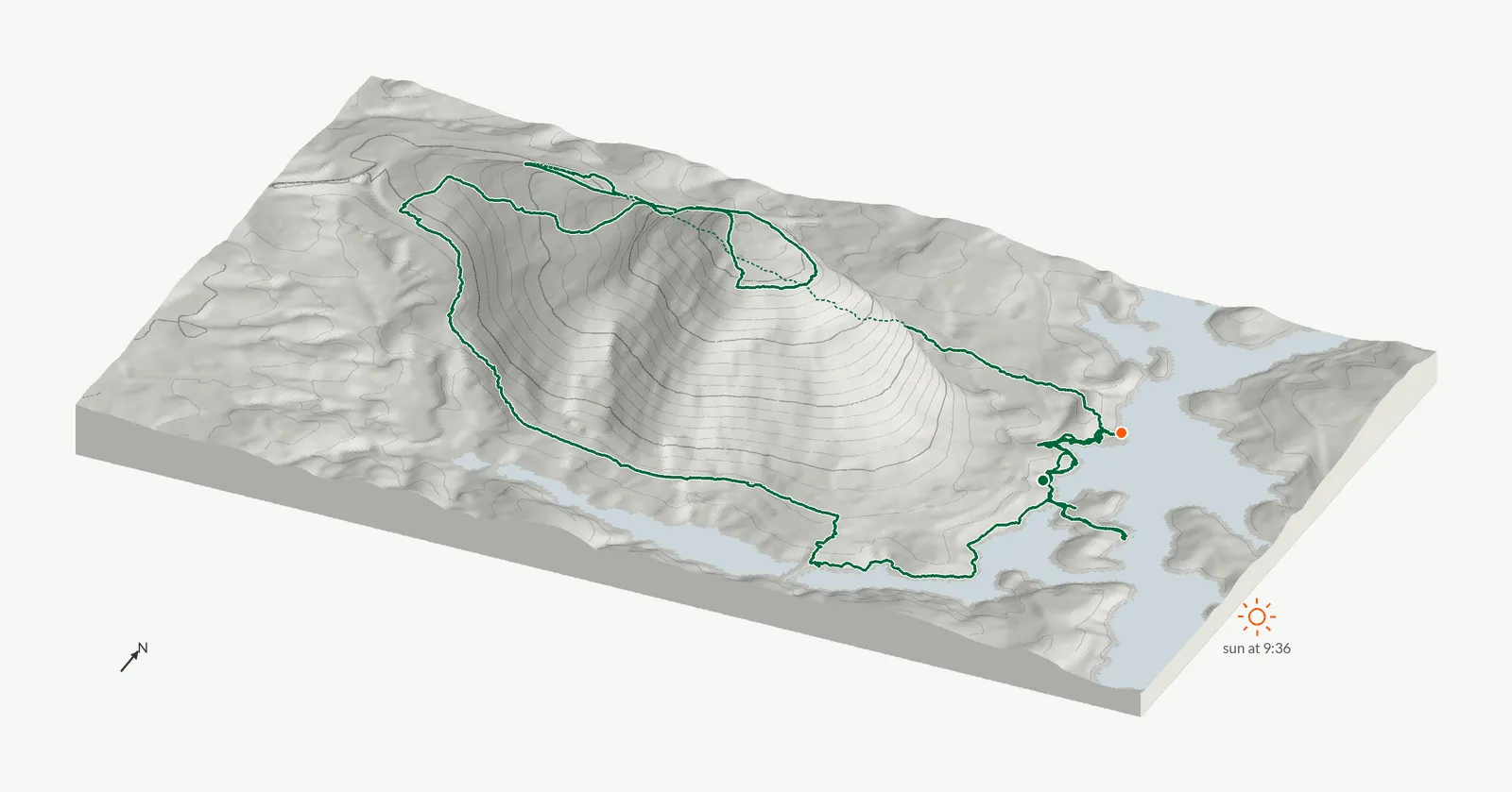 The route of September 20, 2025 on Cherokee Trail, Stone Mountain drawn on a relief model of the terrain, seen from the south-southeast and lit from the east-southeast
