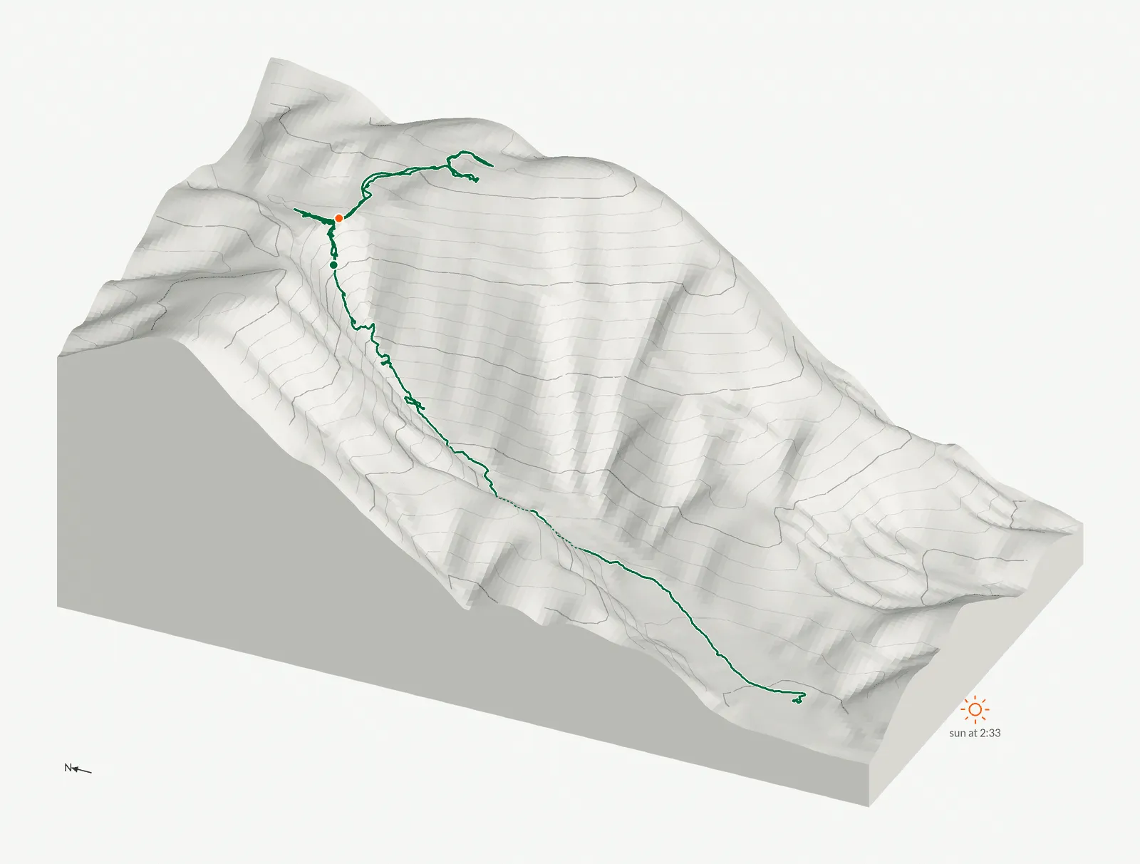 The route of February 2, 2025 on Amicalola Falls drawn on a relief model of the terrain, seen from the west-southwest and lit from the south-southwest