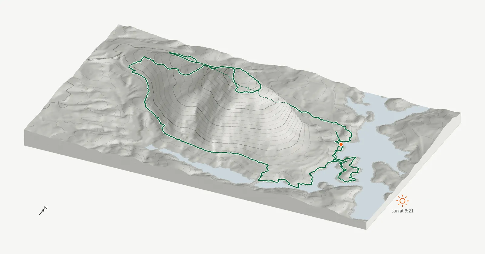 The route of September 28, 2025 on Cherokee Trail, Stone Mountain drawn on a relief model of the terrain, seen from the south-southeast and lit from the east-southeast