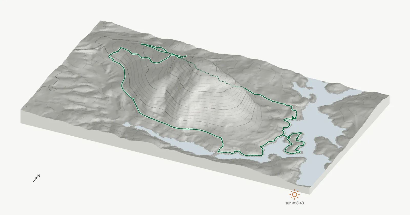 The route of December 22, 2024 on Cherokee Trail, Stone Mountain drawn on a relief model of the terrain, seen from the south-southeast and lit from the southeast