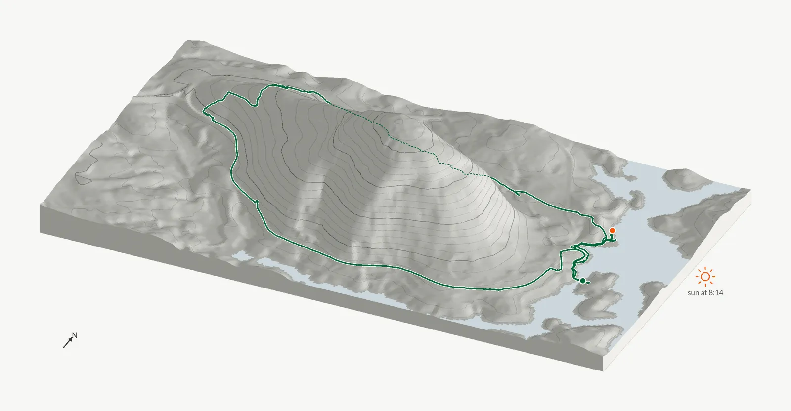 The route of September 6, 2026 on Cherokee Trail, Stone Mountain drawn on a relief model of the terrain, seen from the south-southeast and lit from the east