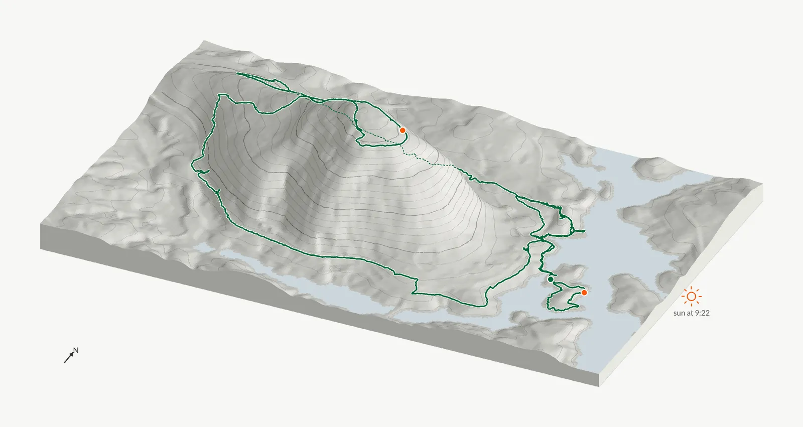 The route of August 30, 2025 on Cherokee Trail, Stone Mountain drawn on a relief model of the terrain, seen from the south-southeast and lit from the east