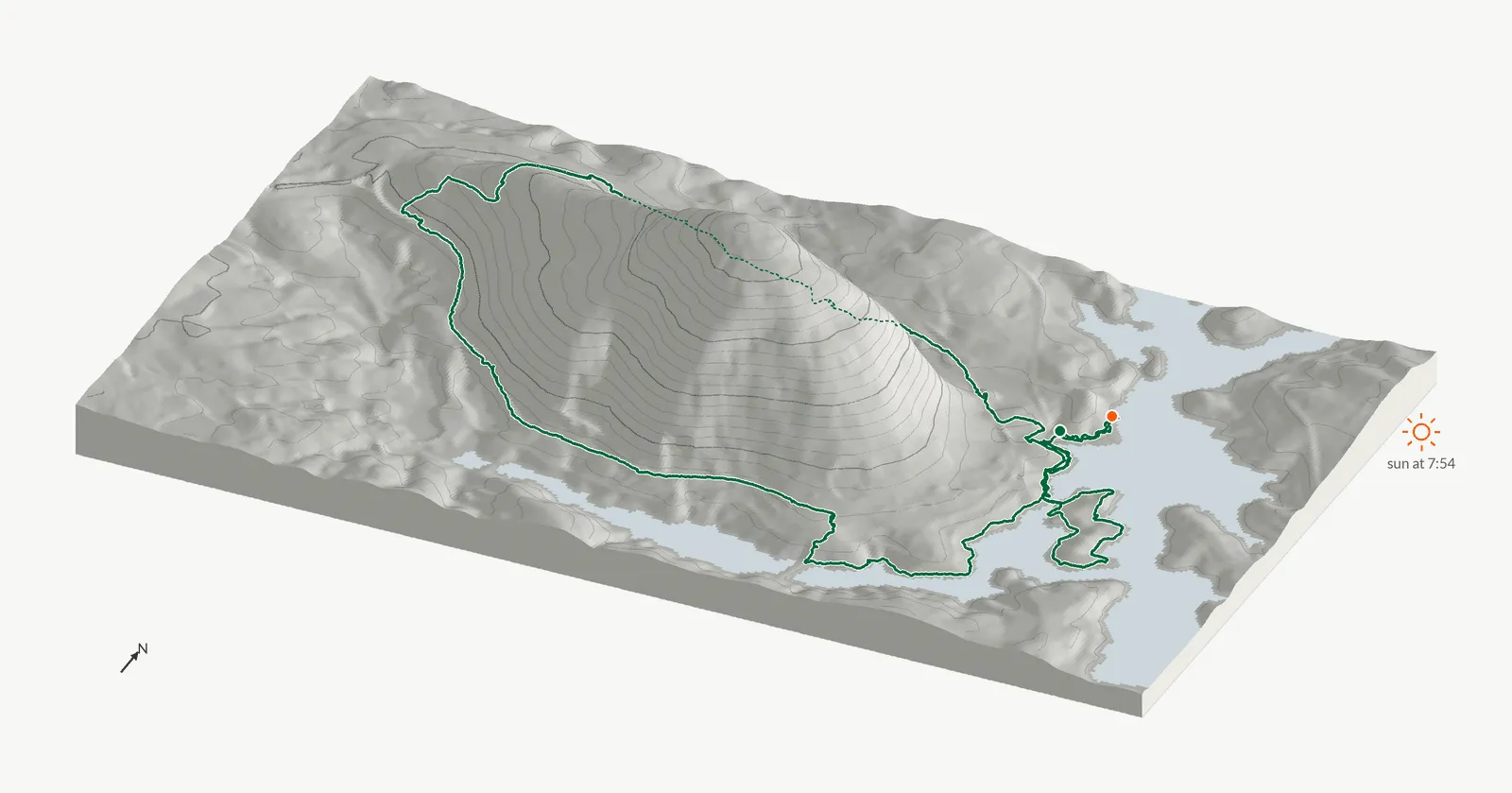 The route of July 12, 2025 on Cherokee Trail, Stone Mountain drawn on a relief model of the terrain, seen from the south-southeast and lit from the east-northeast
