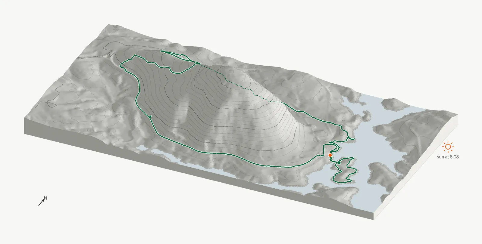 The route of August 8, 2026 on Cherokee Trail, Stone Mountain drawn on a relief model of the terrain, seen from the south-southeast and lit from the east