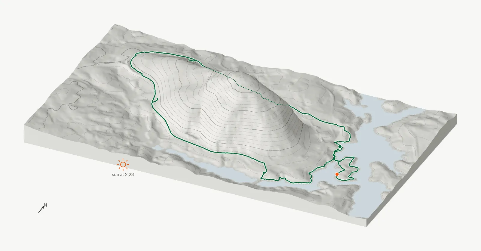 The route of January 12, 2025 on Cherokee Trail, Stone Mountain drawn on a relief model of the terrain, seen from the south-southeast and lit from the south-southwest