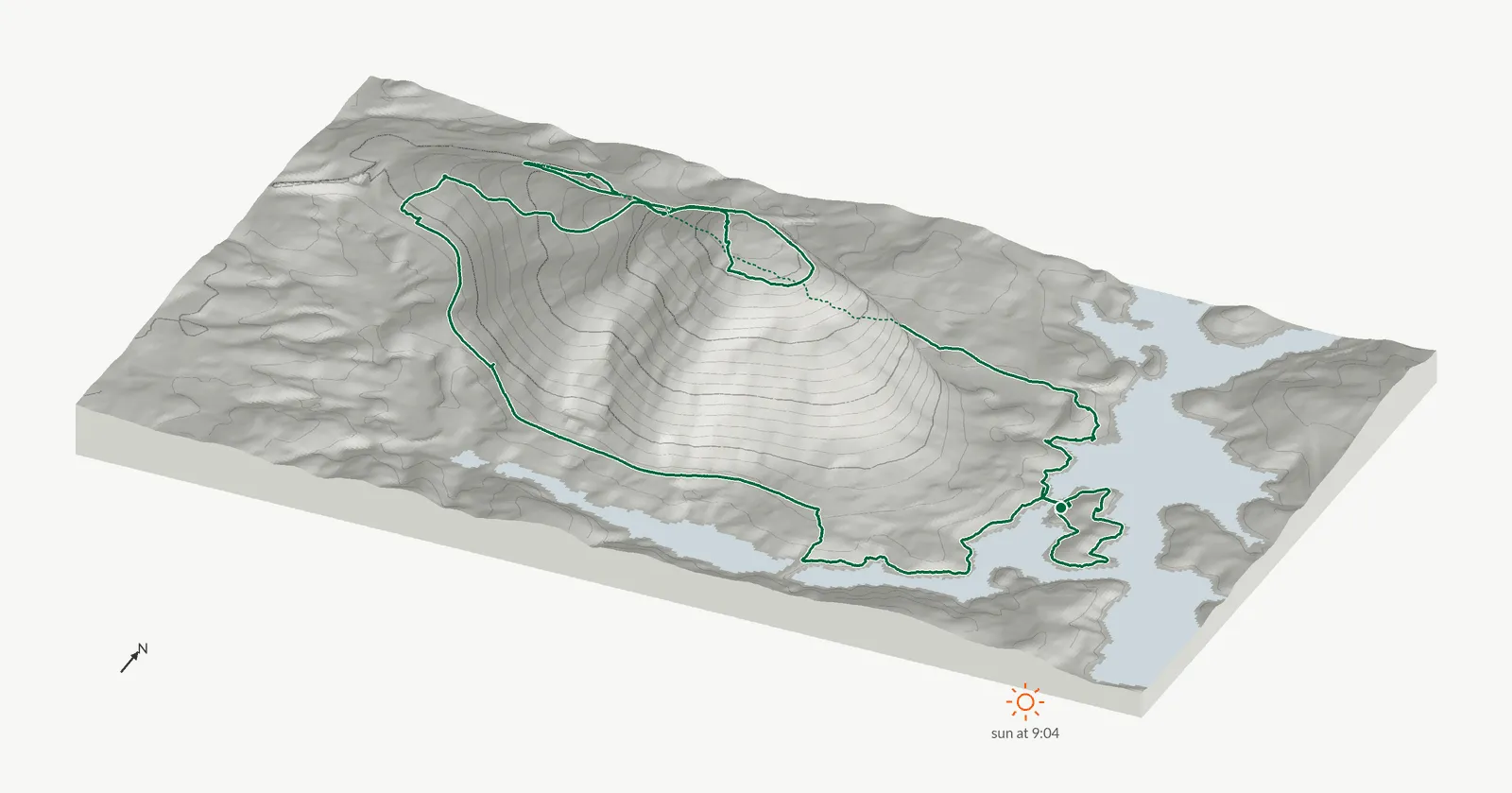 The route of December 26, 2024 on Cherokee Trail, Stone Mountain drawn on a relief model of the terrain, seen from the south-southeast and lit from the southeast
