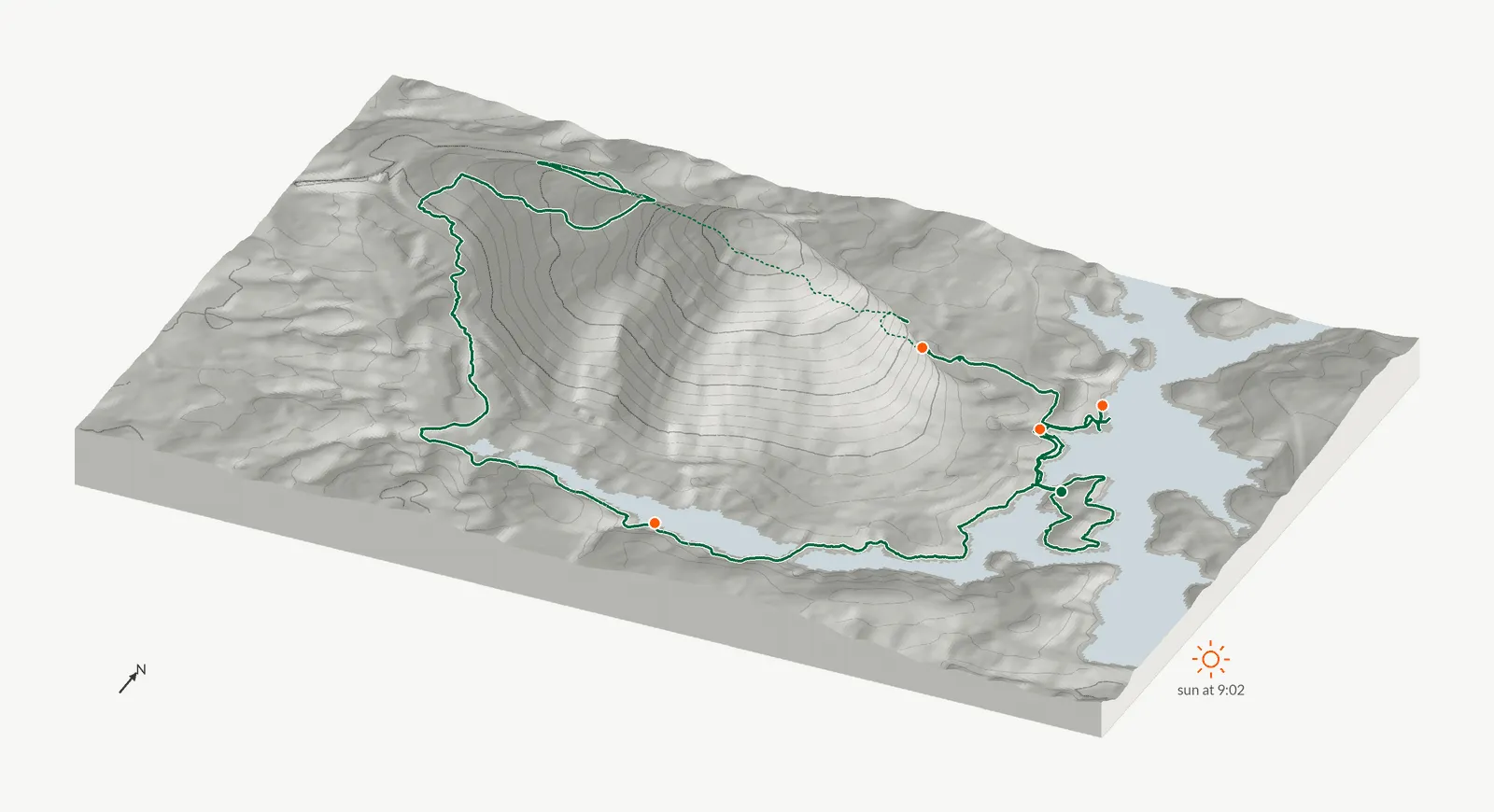 The route of October 17, 2026 on Cherokee Trail, Stone Mountain drawn on a relief model of the terrain, seen from the south-southeast and lit from the east-southeast