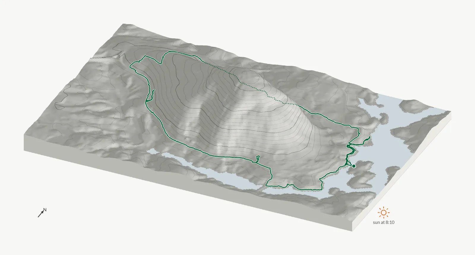 The route of February 8, 2025 on Cherokee Trail, Stone Mountain drawn on a relief model of the terrain, seen from the south-southeast and lit from the east-southeast
