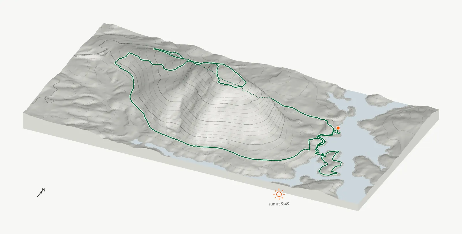 The route of January 2, 2026 on Cherokee Trail, Stone Mountain drawn on a relief model of the terrain, seen from the south-southeast and lit from the southeast