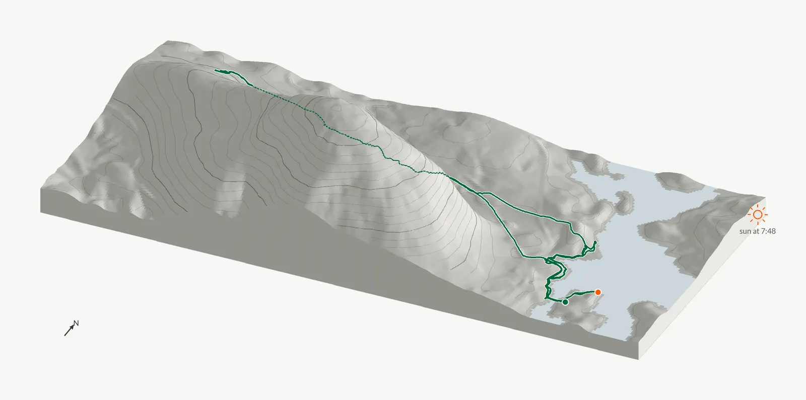 The route of June 21, 2026 on Cherokee Trail, Stone Mountain drawn on a relief model of the terrain, seen from the south-southeast and lit from the east-northeast