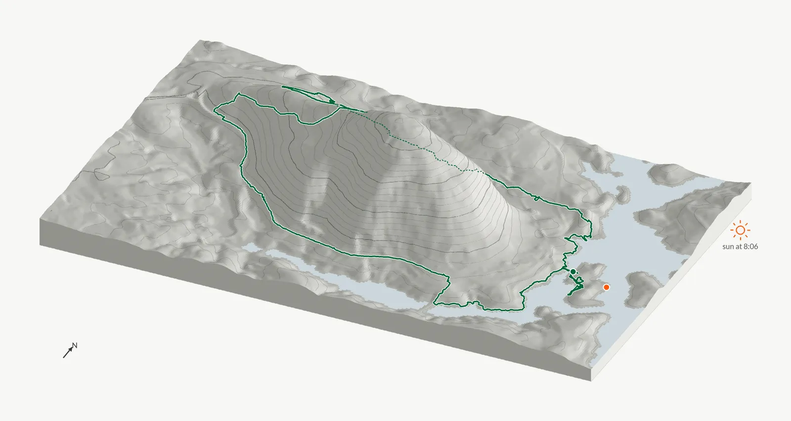 The route of July 6, 2025 on Cherokee Trail, Stone Mountain drawn on a relief model of the terrain, seen from the south-southeast and lit from the east-northeast