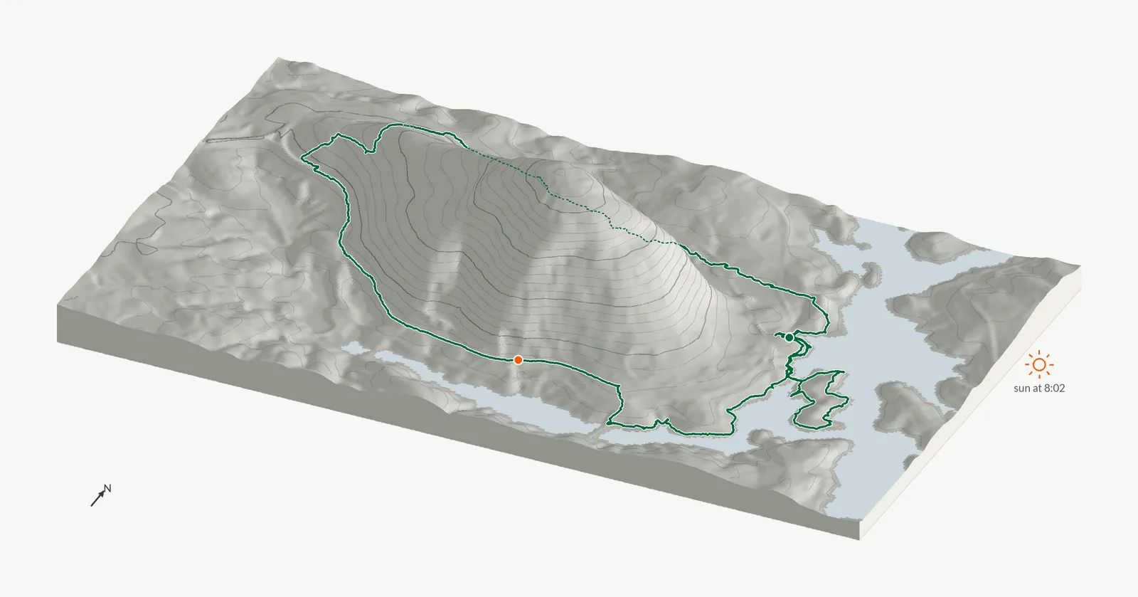 The route of April 27, 2025 on Cherokee Trail, Stone Mountain drawn on a relief model of the terrain, seen from the south-southeast and lit from the east