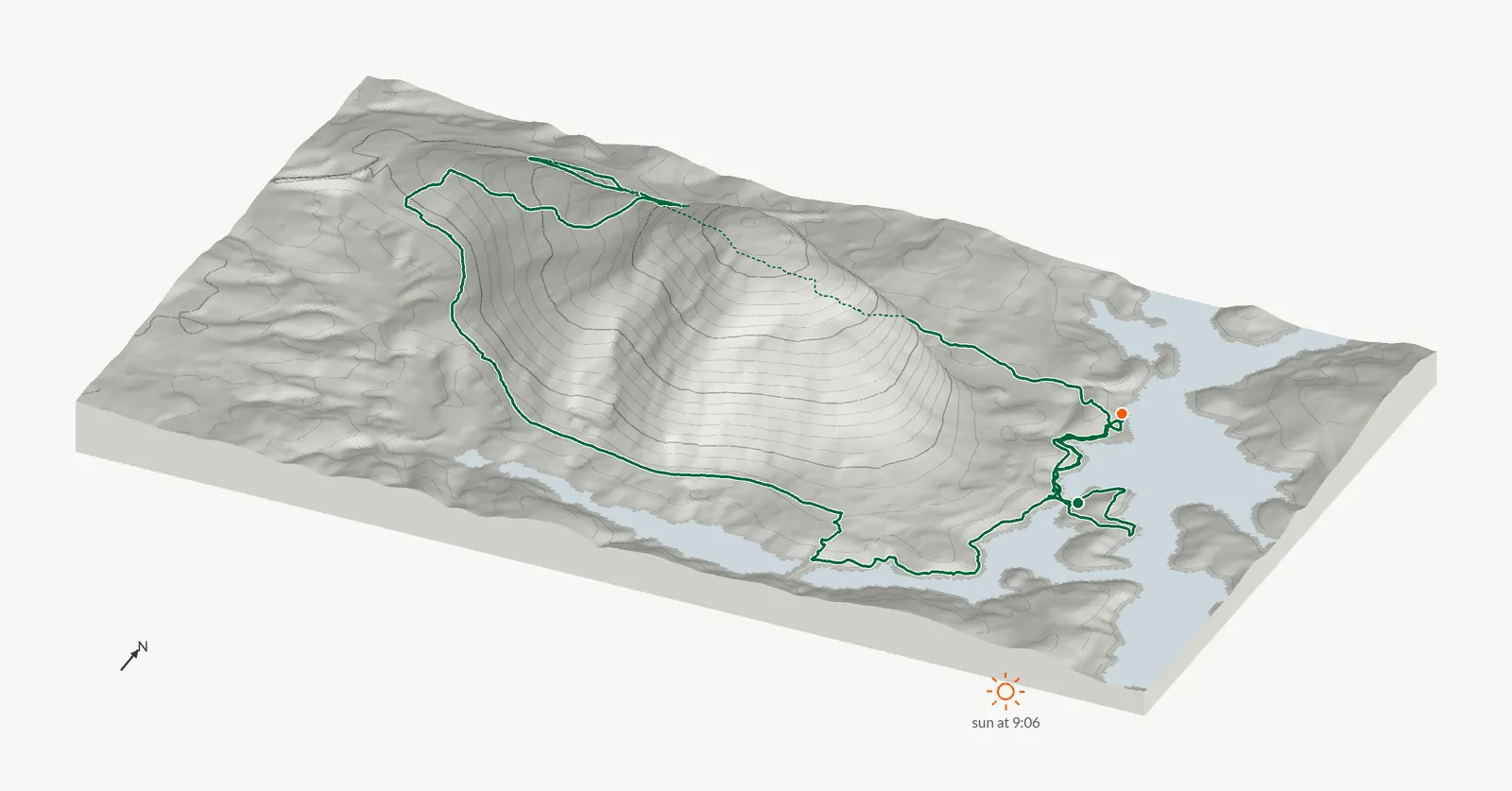 The route of November 29, 2025 on Cherokee Trail, Stone Mountain drawn on a relief model of the terrain, seen from the south-southeast and lit from the southeast