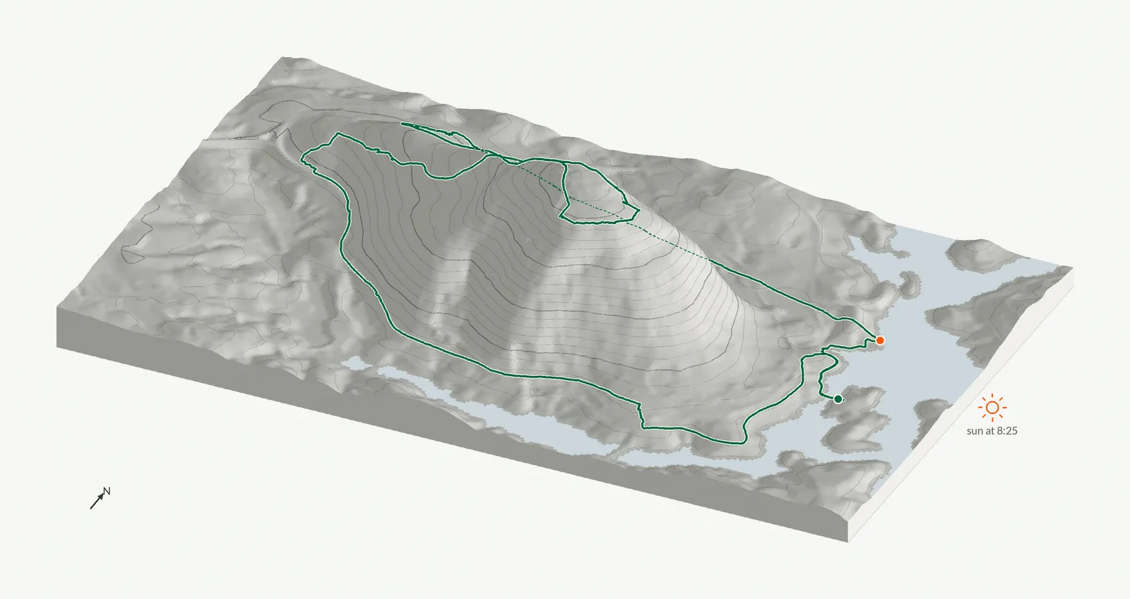 The route of September 8, 2024 on Cherokee Trail, Stone Mountain drawn on a relief model of the terrain, seen from the south-southeast and lit from the east