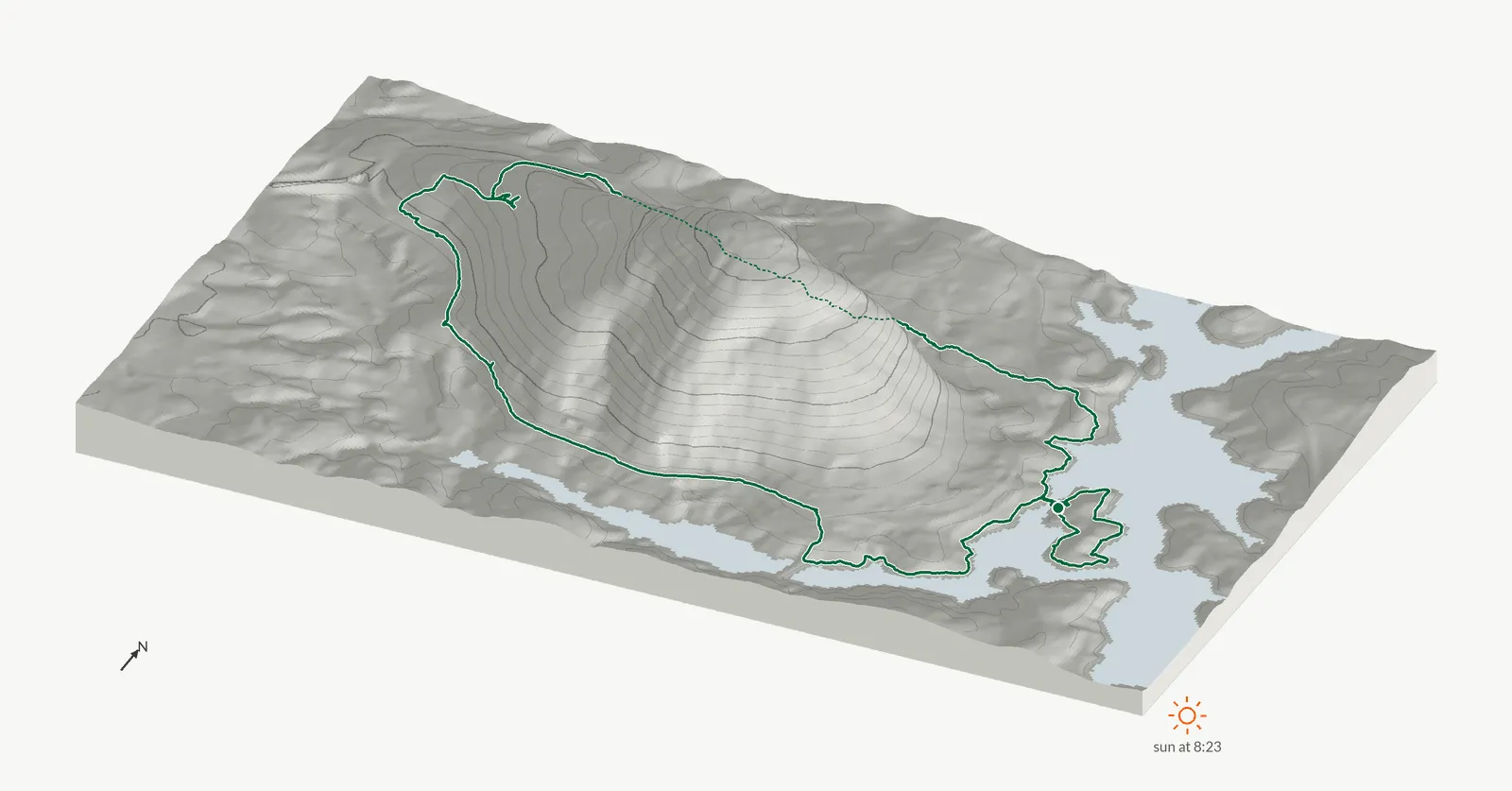 The route of January 19, 2025 on Cherokee Trail, Stone Mountain drawn on a relief model of the terrain, seen from the south-southeast and lit from the east-southeast