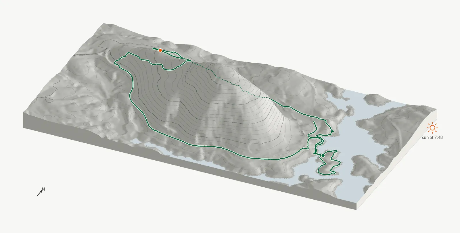 The route of May 31, 2026 on Cherokee Trail, Stone Mountain drawn on a relief model of the terrain, seen from the south-southeast and lit from the east-northeast