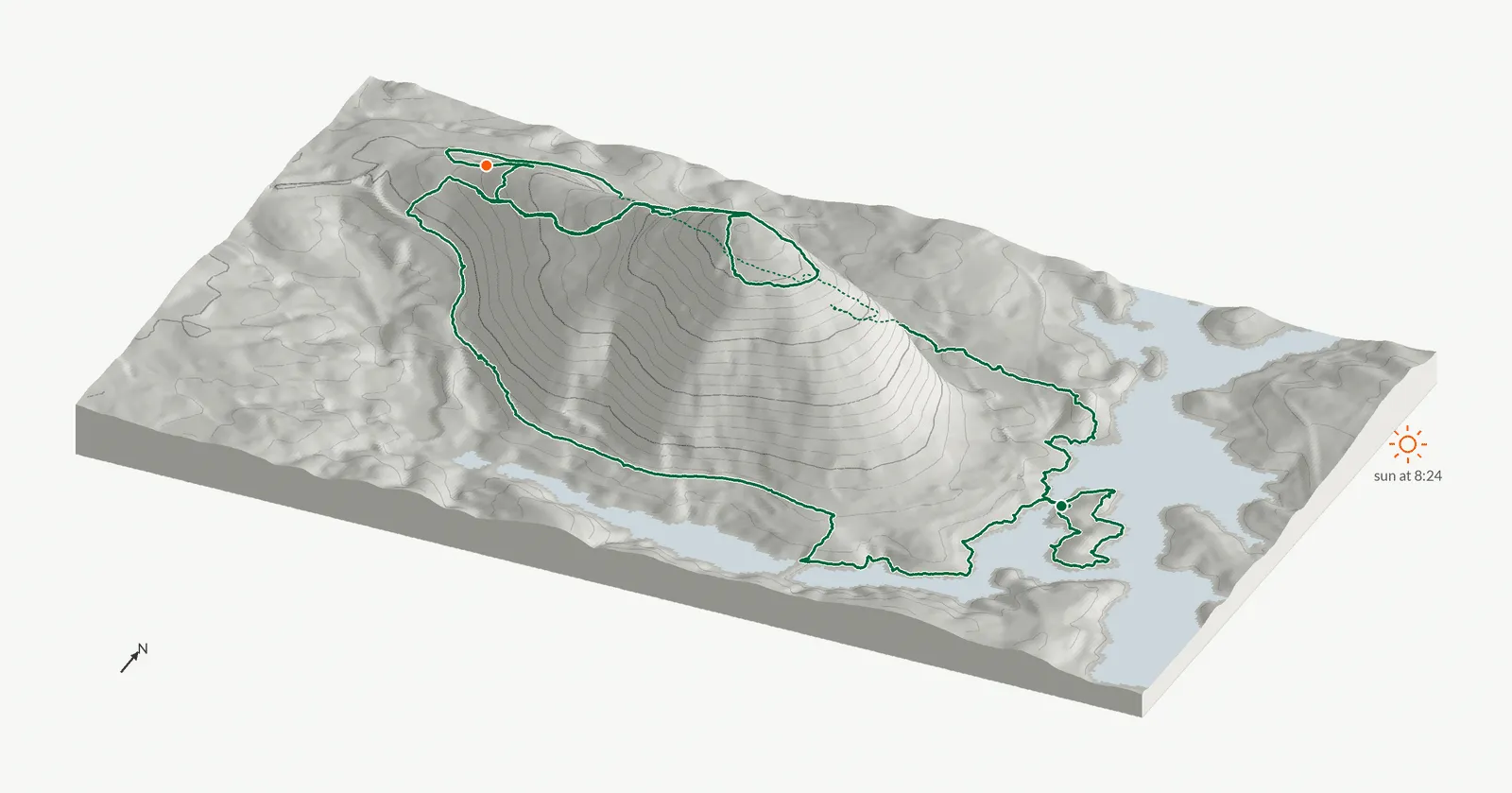 The route of June 7, 2025 on Cherokee Trail, Stone Mountain drawn on a relief model of the terrain, seen from the south-southeast and lit from the east-northeast