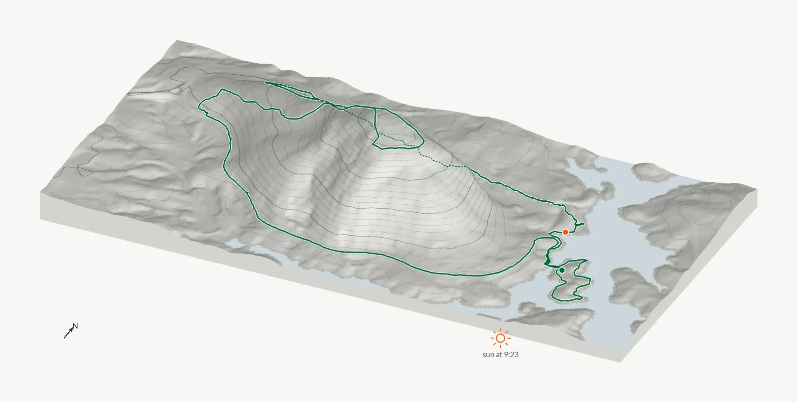 The route of December 21, 2025 on Cherokee Trail, Stone Mountain drawn on a relief model of the terrain, seen from the south-southeast and lit from the southeast