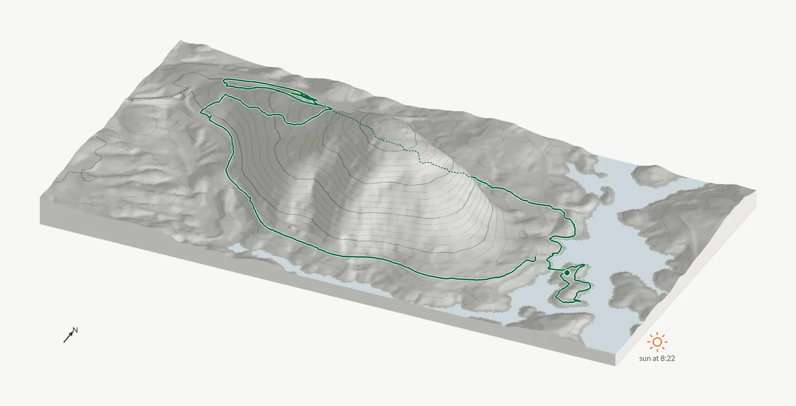 The route of February 22, 2026 on Cherokee Trail, Stone Mountain drawn on a relief model of the terrain, seen from the south-southeast and lit from the east-southeast