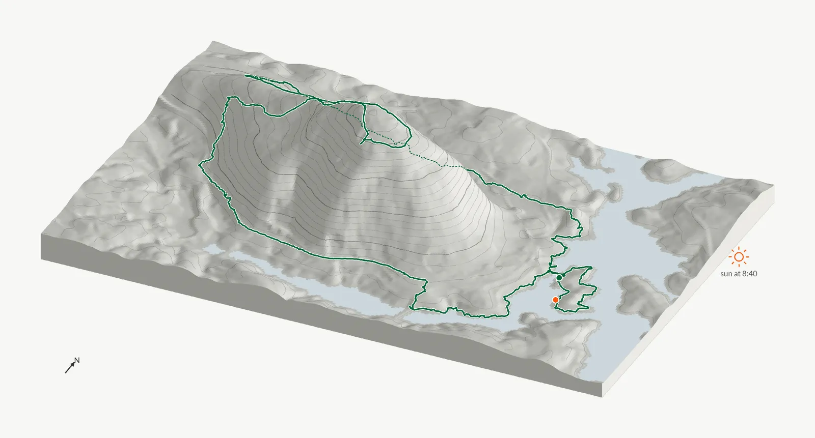 The route of July 26, 2025 on Cherokee Trail, Stone Mountain drawn on a relief model of the terrain, seen from the south-southeast and lit from the east